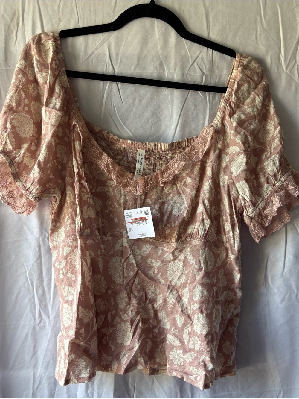 NWT American Eagle Floral Lace Trim Puff Sleeve Smocked Blouse L